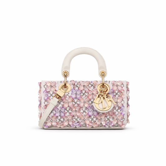 Tasche Dior Lady D-Joy Micro – Weißes Kalbsleder mit Rosa Blumenstickerei & Strass